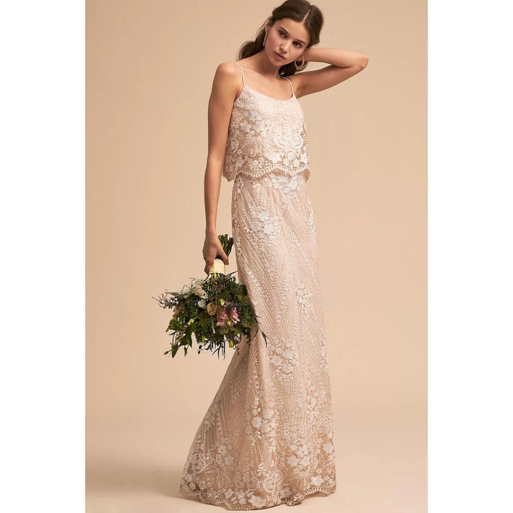 BHLDN Blush Ivory Layered Beaded Lace Gown